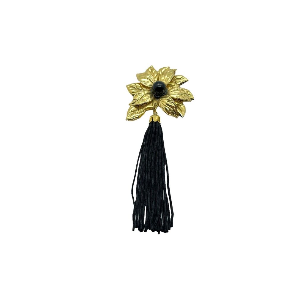 Flower Brooch Pin With Tassel Vintage Womens Gold Tone Black Faux Pearl Retro